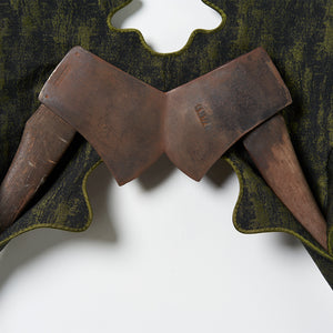 Julia Robinson, Woundwood (detail), 2025, axes, jacquard, silk, thread, felt, interfacing, steel, magnets, 100 x 107 x 12 cm irreg.