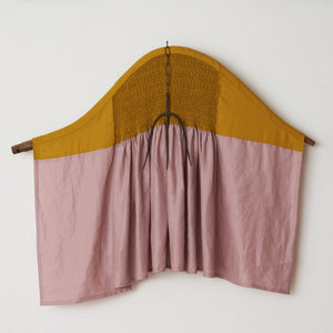 Julia Robinson, Sour ground, 2023, linen, thread, scythe handle, fork and chain, steel and fixings, 120 x 130 x 25 cm