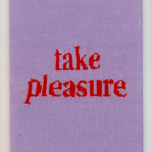Kate Just, Take Pleasure, 2023, from Self Care Action Series, hand knitted acrylic yarn, canvas, and timber, 55 x 40 cm 