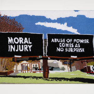 Kate Just, A Sign of the Times: A knitted translation of Jenny Holzer, Abuse of Power Comes as No Surprise and Moral Injury, 2021, Mass MOCA, North Adams, MA, USA, 2026, hand knitted acrylic yarn, timber, canvas, 55 x 81 cm