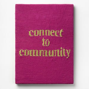 Kate Just, Connect to Community, 2023, from Self Care Action Series, hand knitted acrylic yarn, canvas, and timber, 55 x 40 cm 