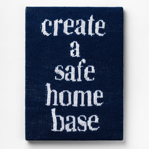 Kate Just, Create a Safe Home Base, 2023, from Self Care Action Series, hand knitted acrylic yarn, canvas, and timber, 55 x 40 cm 