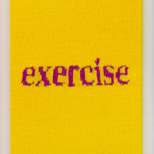 Kate Just, Exercise, 2023, from Self Care Action Series, hand knitted acrylic yarn, canvas, and timber, 55 x 40 cm 