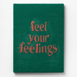 Kate Just, Feel your Feelings, 2023, from Self Care Action Series, hand knitted acrylic yarn, canvas, and timber, 55 x 40 cm 