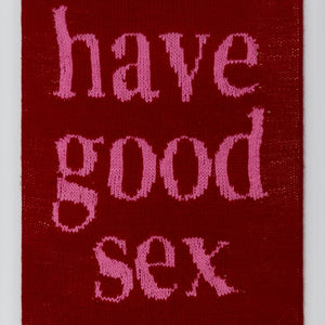 Kate Just, Have Good Sex, 2022, acrylic yarn, timber and canvas, 55 x 40 cm. Photography by Simon Strong