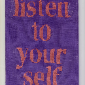 Kate Just, Listen to Yourself, 2023, from Self Care Action Series, hand knitted acrylic yarn, canvas, and timber, 55 x 40 cm 