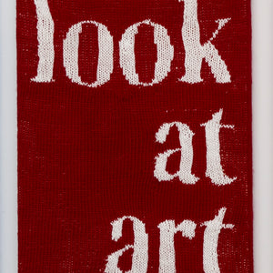 Kate Just, Look at Art, 2023, from Self Care Action Series, hand knitted acrylic yarn, canvas, and timber, 55 x 40 cm 