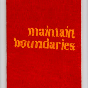 Kate Just, Maintain Boundaries, 2023, from Self Care Action Series, hand knitted acrylic yarn, canvas, and timber, 55 x 40 cm 