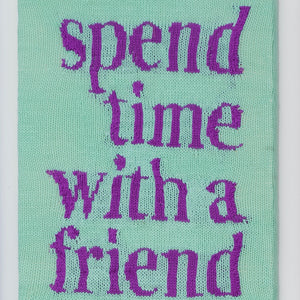 Kate Just, Spend Time with a Friend, 2023, from Self Care Action Series, hand knitted acrylic yarn, canvas, and timber, 55 x 40 cm 