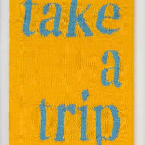 Kate Just, Take a Trip, 2023, from Self Care Action Series, hand knitted acrylic yarn, canvas, and timber, 55 x 40 cm 