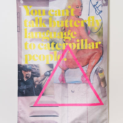 Min Wong, You can’t talk butterfly language to caterpillar people, 2024, digital print on velvet, 113 x 78 cm
