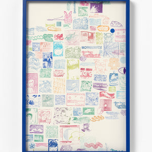 David Booth [Ghostpatrol], My ‘Whole Earth Catalogue’ Edge ), 2026, hand stamped ink mono print, 58.3 x 39.6 cm