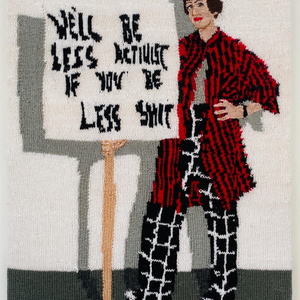 Kate Just, My Archive: knitted replica of an artist portrait for my exhibition Protest Signs by photographer Simon Strong in 2022, 2024, hand knitted wool and acrylic yarn, 76.2 × 58 cm