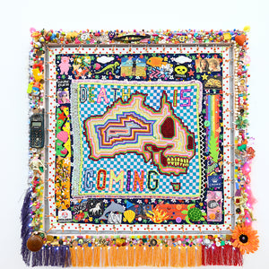Paul Yore, Death Is Coming, 2025, wool, needlepoint, appliqued textile comprising found materials, sequins, buttons, beads, and LED, 86 × 86 × 9 cm