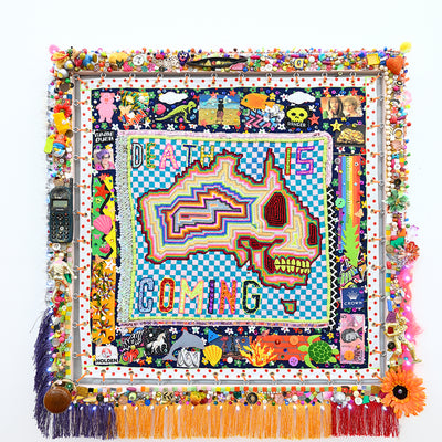 Paul Yore, Death Is Coming, 2025, wool, needlepoint, appliqued textile comprising found materials, sequins, buttons, beads, and LED, 86 × 86 × 9 cm