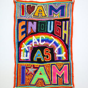 Paul Yore, I AM ENOUGH EXACTLY AS I AM, 2024, acrylic yarn needlepoint embroidery on canvas, 34 × 23 cm