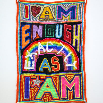 Paul Yore, I AM ENOUGH EXACTLY AS I AM, 2024, acrylic yarn needlepoint embroidery on canvas, 34 × 23 cm