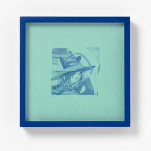 David Booth [Ghostpatrol], Rearrange This Universe With Good Blue, 2026, hand stamped ink mono print, 25.8 x 25.8 cm