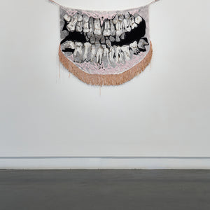 Sera Waters, Ancestral Crowding (installation view), 2025-26, hand-stained linen, found fabrics, hand-dyed cotton, threads and rope, repurposed trim, 90 x 130 cm irreg. 