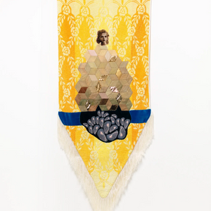 Sera Waters, Telling Tales on Terry Towelling: Queen of the pile, 2019, towel, wool, cotton, printed linen, various fabrics, velvet, trim, 120 x 55 cm
