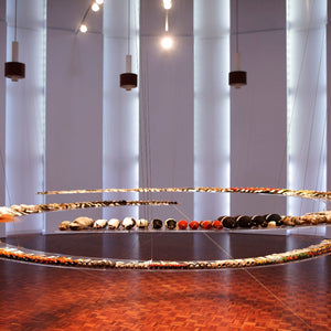 Janet Lawrence, Birdsong, 2006, assembly of taxidermised bird specimens from the Australian Museum, suspended acrylic ring and sounds of birdcalls and wing flutters, installation dimensions variable, Object Gallery, Sydney