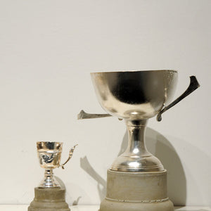 Elvis Richardson, The impossibility of losing in the mind of someone winning, 2008, cast concrete, found trophies burnt and resilvered, group of 2, dimensions variable