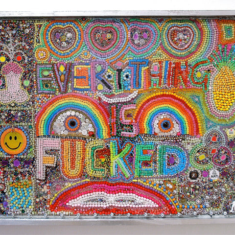 Paul Yore, Everything is Fucked, 2013, beads, found objects, resin, wooden frame, dimensions variable