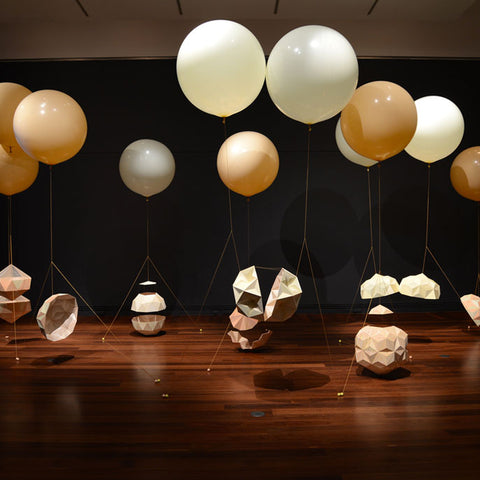 Amy Joy Watson, Floating Sequence, 2013, balsa wood, watercolour, polyester thread, helium balloons, lead weights, Art Gallery of South Australia