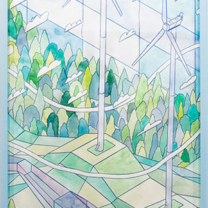 David Booth [Ghostpatrol], Hepburn Windfarm in the valley of the wind, 2016, wa-tercolour and pencil on paper, 140 x 60 cm