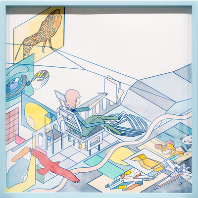 David Booth [Ghostpatrol], Spaceship Home Base, 2016, watercolour & pencil on paper, 50 x 50 cm