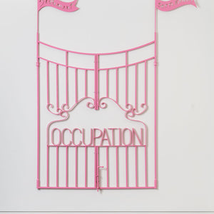 Elvis Richardson, Settlement #4, 2021, pink powder-coated, bent mild steel gate, four parts, 230 x 130 cm