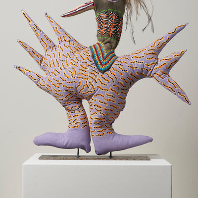 Rhonda Sharpe, Bird, 2022, ixed media, hand-printed fabric, emu feathers, 66 x 66 x 18 cm irreg.