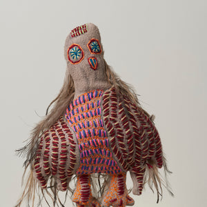 Rhonda Sharpe, Owl, 2022, mixed media and emu feathers, 50 x 33 x 15 cm irreg.