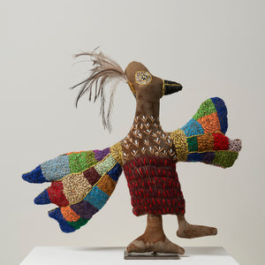 Rhonda Sharpe, Bird, 2022, mixed media and emu feathers, 55 x 55 x 11 cm irreg.