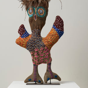 Rhonda Sharpe, Owl, 2022, mixed media with emu feathers, 65 x 38 x 11 cm irreg.