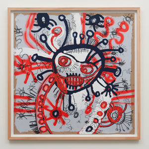  Zaachariaha Fielding, Untitled (186-22AS), 2022, acrylic, spray paint, pencil and charcoal on cardboard, 125.5 x 125.5 cm framed