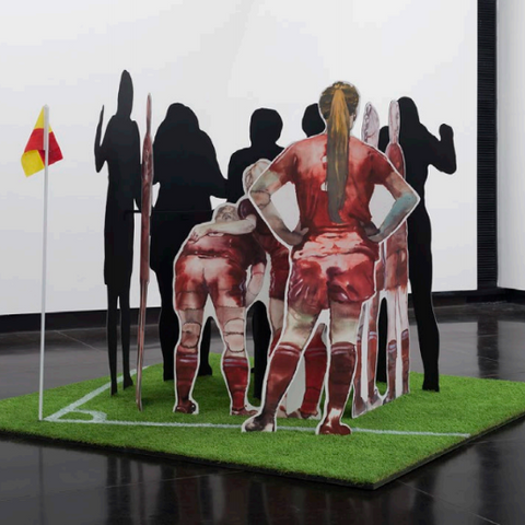 Fiona McMonagle, The Huddle (installation), 2016,  digital print cut outs on di-bond, sound (looped), 180 x 240 x 240 cm