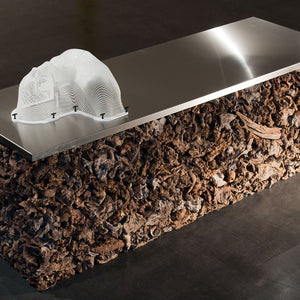 James Darling and Lesley Forwood, Treatment Bench, 2014, 0.9 tonnes of Mallee roots, stainless steel, head and shoulders masked, 0.75 x 2.25 x 0.75 m