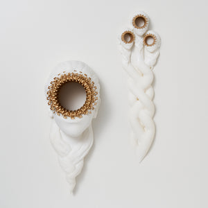 Jess Taylor, A mirror that suffers all on its own (Left), 2022, 3D printed resin and paint, 35 x 15 x 9 cm, ed. of 3; Your sins into me, 2022, 3D printed resin and paint, 40 x 12 x 4 cm, ed. of 3