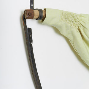 Julia Robinson, Double Stumps (detail), 2021, scythe, linen, thread, steel, pewter, fixings, 140 x 150 x 20 cm