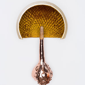 Julia Robinson, A Sunny Pleasure Dome, 2016, copper-plated gourd, silk, thread, ribbon, and stainless steel, 65 x 35 x 25 cm