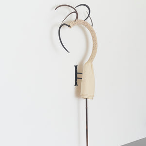 Julia Robinson, Ergot Dreams, 2021, linen, thread, sickle blades, steel, timber, fixings, 200 x 80 x 40 cm