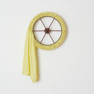 Julia Robinson, Sunwise and Widdershins (detail), 2022, linen, thread, wheel, steel, 95 x 60 x 20 cm