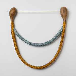 Julia Robinson, Girth Hitch, 2017, gourds, silk, thread, gold plated steel and fixings, mixed media, 80 x 80 x 15 cm