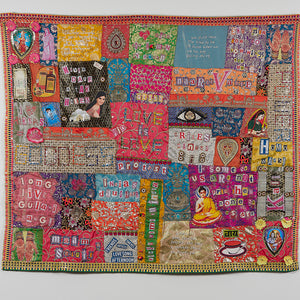 Kate Just, Aadambar Strivadi Quilt, 2016, hand stitched cotton, silk and synthetic fabrics, cardboard, plastic, beads, 145 x 168 cm