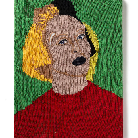 Kate Just, Feminist Fan #27 (A portrait of the artist Orlan by Fabrice Lévêque in 1997), 2016, Hand knitted yarn, timber, canvas, 45 x 38 cm