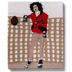 Kate Just, Feminist Fan #40 (Julie Rrap, A-R-MOUR Series: Camouflage (Elizabeth), 2000), 2017, Hand knitted yarn, timber, canvas, 45 x 35 cm