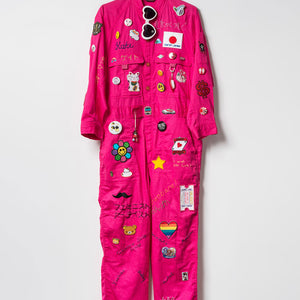 Kate Just, Feminist Fan in Japan Uniform, 2016, hand stitched and mixed media upon found boilersuit, Lifesize (front)