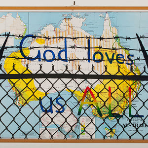 Richard Lewer and Tony Garifalakis, God loves us all, 2011, enamel on found map, 90 x 110 cm