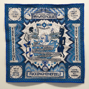 Lucas Grogan, The Fucking Minefield, 2013, crewel wool embroidery, 70 x 70 cm